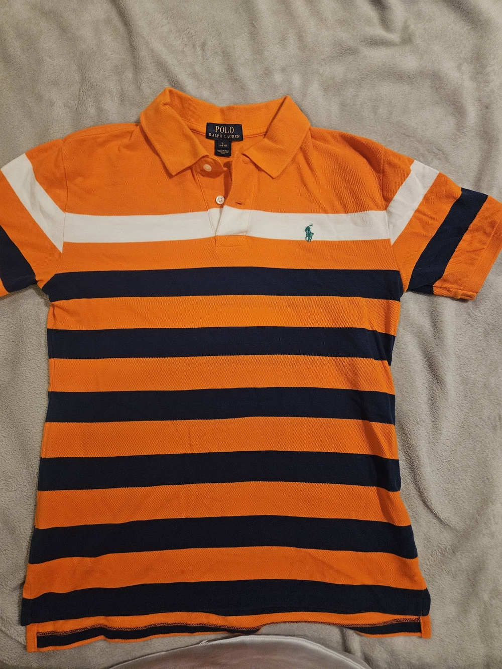Polo Ralph Lauren Boys Large 14-16 Orange White Navy Striped Polo Shirt